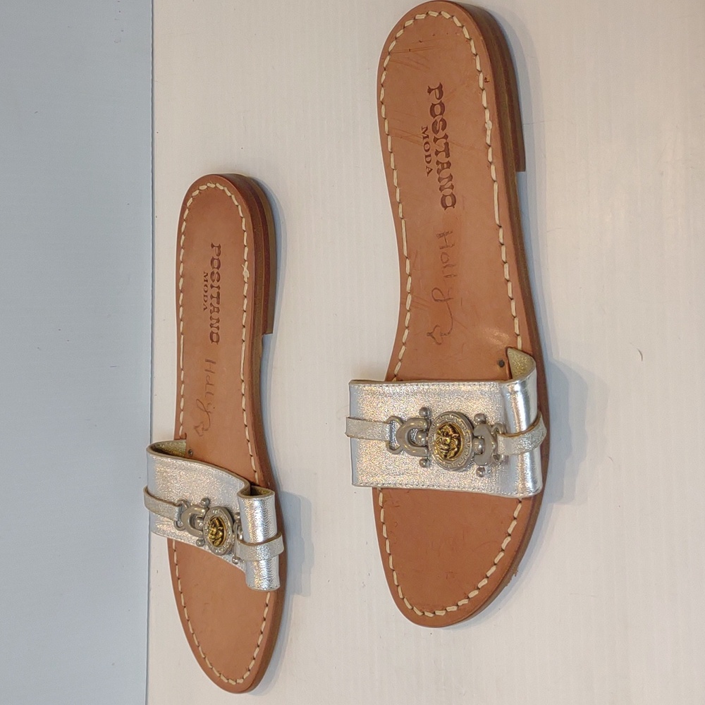 Italian Handmade Positano Moda All Leather Slides Lion Medallion Silvery Vamp - Picture 7 of 10